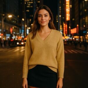 Lauren Ralph Lauren Gold Metallic V-Neck Sweater Womens 3XL Knit Mob Wife